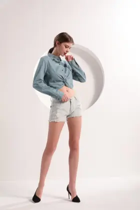 Women's Light Blue Denim Crop Shirt