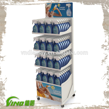 standing display stand with wheels ,Cancer Society Sunscreen Metal Floor Stand Rack , Supermarket Display Shelf with casters