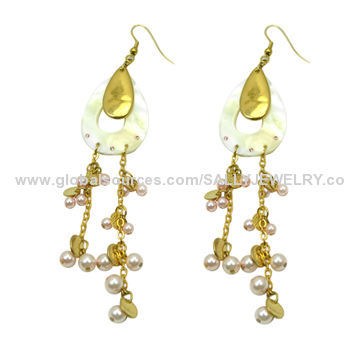 Handmade nice shell chandelier earrings with pearls, made of alloy/pearls/metal, ODM/OEM orders