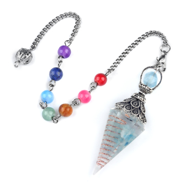 Perdiot Chip Stone Resin Antique Silver Hexagonal Cone Pendant & Pendulum 7 Chakra Chain