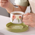 Tulips Latte Cup Ceramic Coffee Cup with Saucer Porcelain Tea Mug Set Stoneware Milk Mug