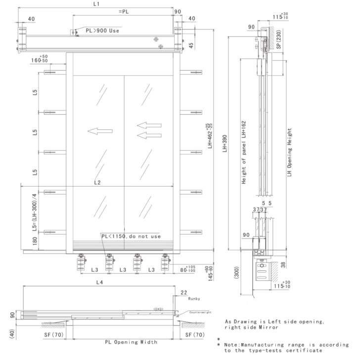 Two Panels Side Opening Landing Full Glass Door-drawing