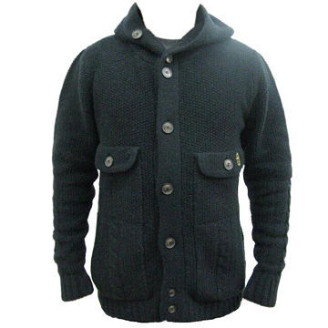 Men's 3G cardigan sweater with hood, made of 80% lambs wool/20% nylon, weighs 1200gm