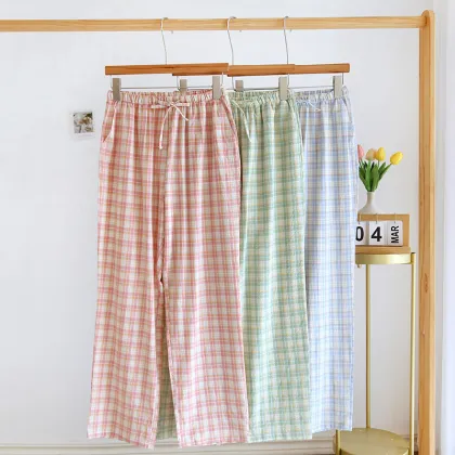 Women's Cotton Gauze Elastic Waist Checkered Pajama Pants - Breathable and Sexy Nightwear