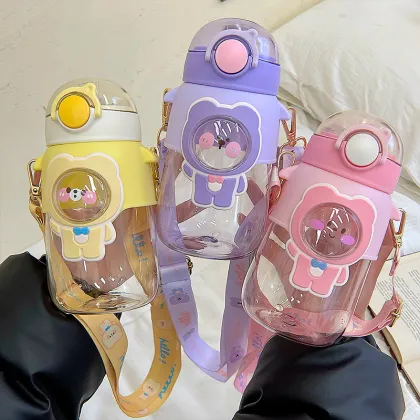 Cartoon Cute Plastic Cup High Temperature Portable Straw Cup Diagonal Strap Water bottle cute water bottle