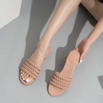 Summer One Word Woven Sandals for Women Casual Thick Heel Flat Sandals