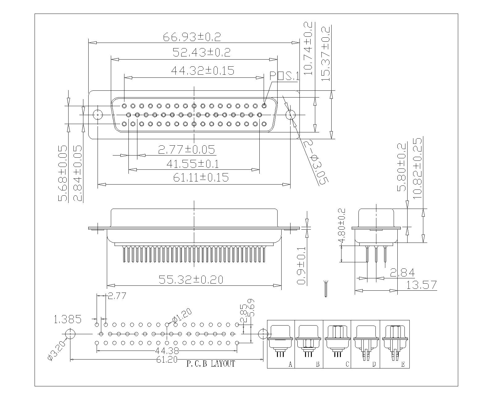 DP02-F50AOBS D-SUB PCB Female Three Row 50 Pin(Pitch=2.77mm)Straight(stamped Pin) 