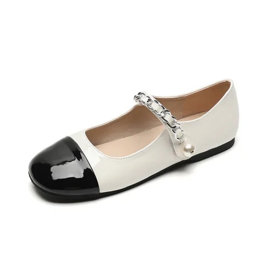 Mary Jane Shoes for Women: Large Size 43, Square-Toed Flat Pumps with Pearl Patent Leather Color Blocking