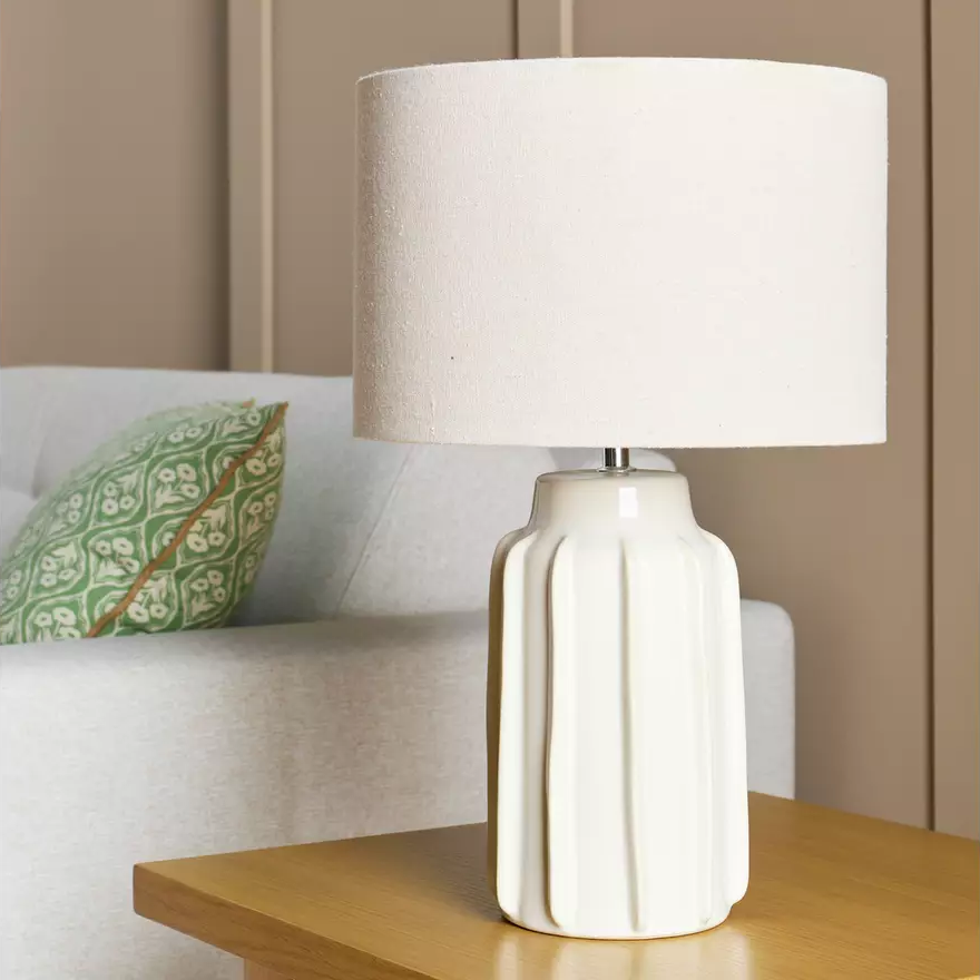 Neutral Glossy Ribbed Ceramic Lamp Wide Shade (2)
