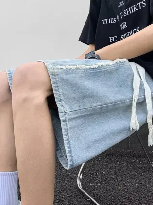 2024 Men's Summer Denim Shorts: Trendy American High Street Brand Youth Knee-Length Workwear Pants