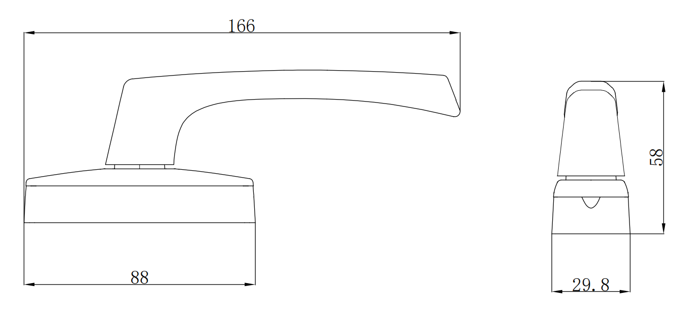 BC321 technical drawing showing aluminum casement window handle with 166 mm lever length 88 mm base width and 58 mm overall height
