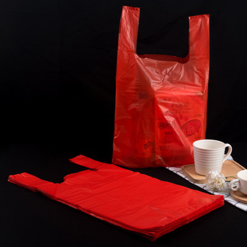 Custom HDPE Plain Red Plastic T-Shirt Shopping Bag for Supermarket