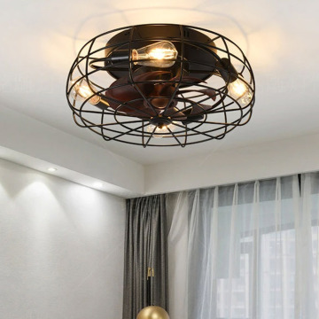 Indoor Low Profile Rustic Fan Light - Small Flush Mount Industrial Black Iron Reversible Caged Ceiling Fan with Light
