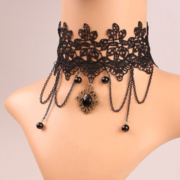 Vintage Lace Necklace Gemstone Pendant Lace Choker Necklace