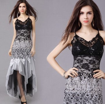 Elegant Black-white Lace Long Evening/Party Dress