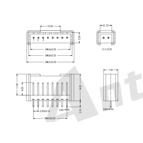 2.50mm Pitch IDC 180 ° Siri Penyambung Jenis Wafer