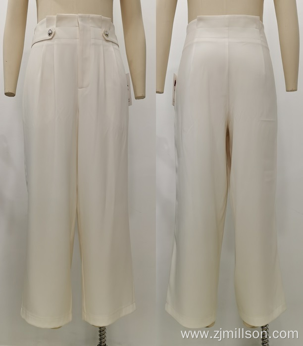 Office Lady Waist Button Design Wide Leg Pants