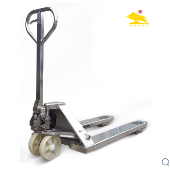 "Stainless steel manual pallet truck: hygienic, durable and efficient material handling tool"