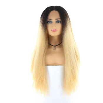 X-TRESS long ombre blonde color 27# big lace frontal synthetic hair afro kinky curly wigs synthetic hair wig for black women
