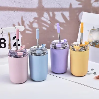 Customizable Insulated Kids Tumbler Cup with Straw - 304 Stainless Steel Vacuum Milk Cup, 500ML Thermos Coffee Straw Cup