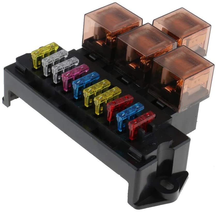 10 Way Fuse Box 4-Pin Socket Relay Fuse Holder Block Standard Fuses Load Protection