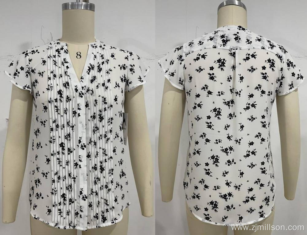 Women Woven Chiffon Print Pleated Blouse