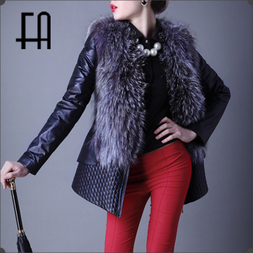 Wholesale price silver fox fur sheepleather jacket /leather &fur jacket