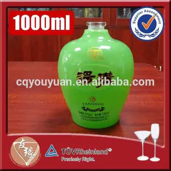 high end round brandy wine glass bottle green heavy spirit liquor alcohol bottle 1000 ml glass bottle with top