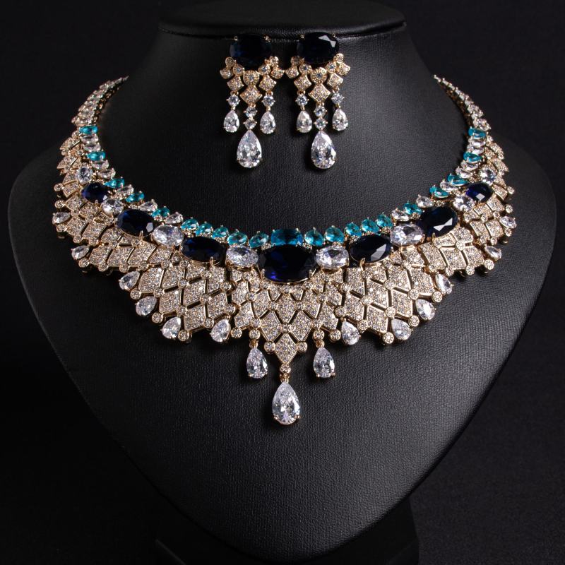 Oval Teardrop Fringe Collar CZ Bridal Necklace Earring Set