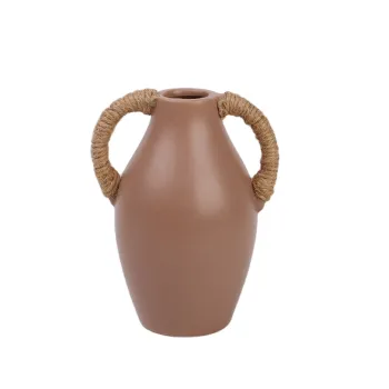 K&B China Country Gray Ceramic Clay Pitcher Vase with Natural Hemp Rope Binaural Handles: Unique Home Decor Item