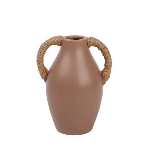 K&B China Country Gray Ceramic Clay Pitcher Vase with Natural Hemp Rope Binaural Handles: Unique Home Decor Item