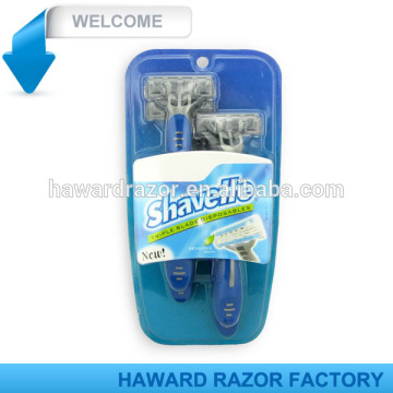 razor shaving with triple blade , lubricant strip , rubber handle , pivoting head