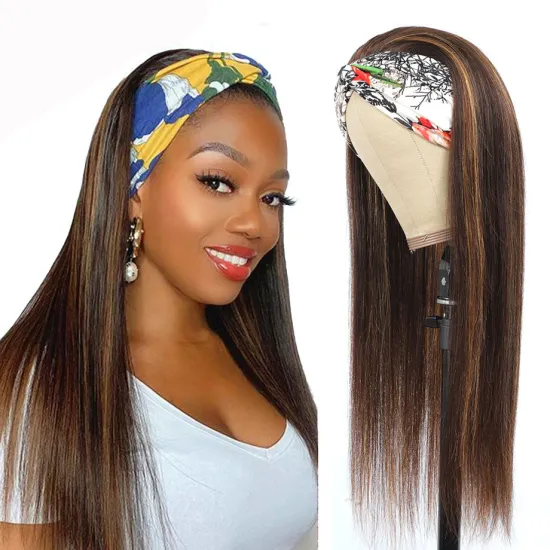 Peruvian Glueless Highlight 1b Honey Brown Color Straight Human Hair Machine Made None Lace Front Headband Wigs For Black Women