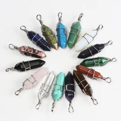 Silver Winding Wire Pendant Hexagonal Prism Crystal Gem Necklace
