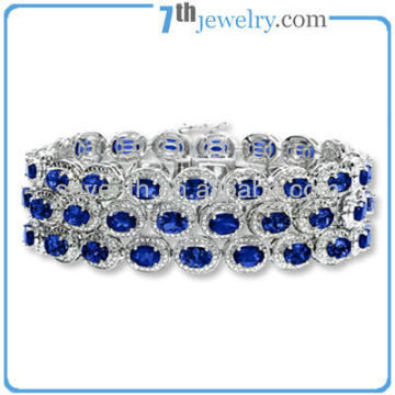 Fashion Design Rhodium Plated Prong Setting Blue Sapphire CZ Diamond Cuff Bracelet