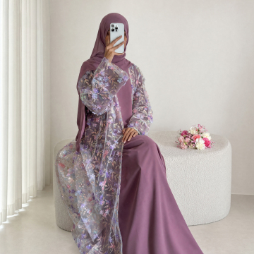 Offenes Abaya-Set mit Blumenstickerei und Gürtel, 3-teilig
