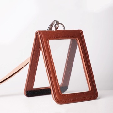 Custom Business PU Leather Folding Vertical ID Badge Holder with Neck Lanyard