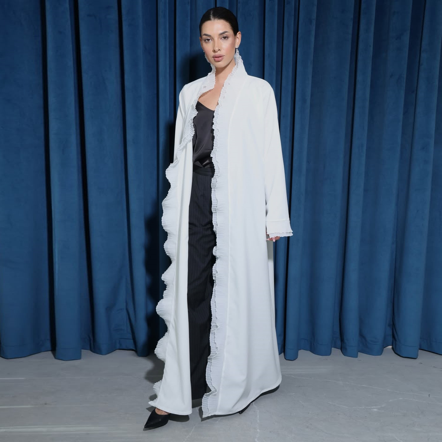 White Ruffle Detail Open Abaya Occasion Wear