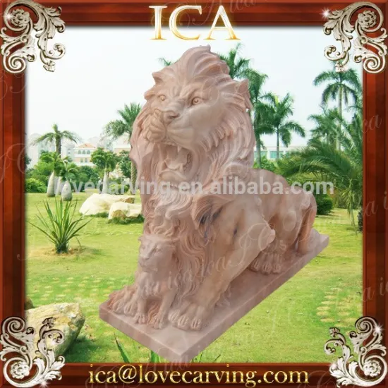 hand carved stone lion garden statues with small lion