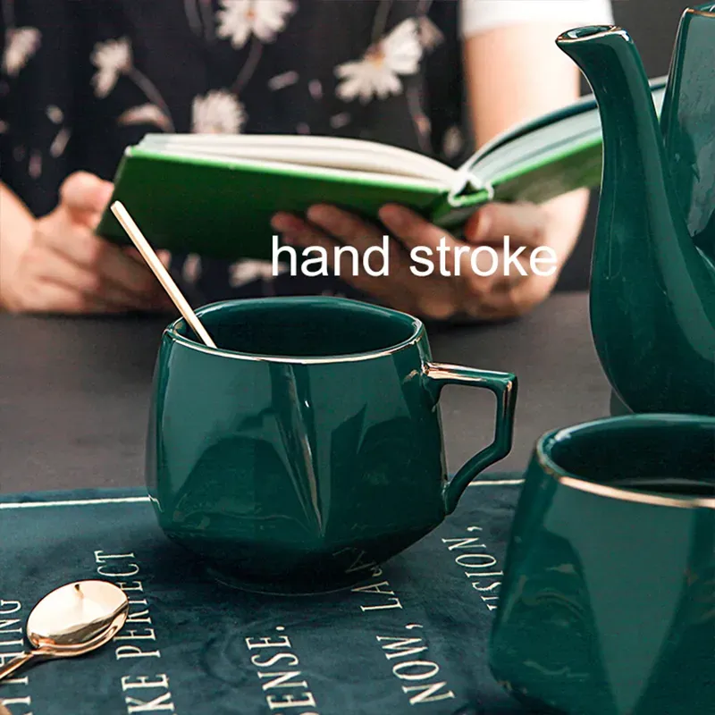 Vintage Gold-Rimmed Peacock Green Coffee Set
