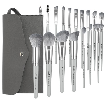 Profesional 17pcs Sikat Kosmetik Perak Set dengan PU Bag