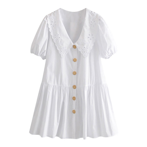 Moda Bordado Patches Vestido Branco Lanterna Feminina