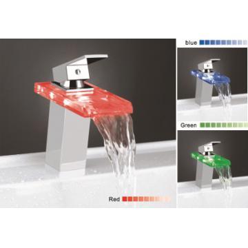 Glass LED waterfall basin mixer