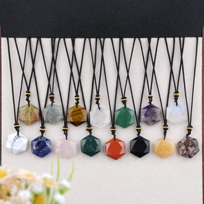 Natural Stone Star of David & Hexagram Necklace Adjustable Rope Unisex Hexagram Amulet for Protection,Balance Spiritual Energy