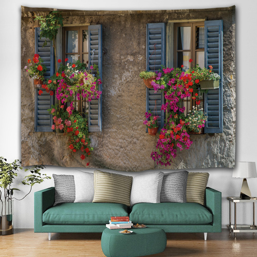 Brick Wall Tapestry Wall Hanging Windows Flower Vintage Brown Wall Tapestry Polyester for Livingroom Bedroom Dorm Home Decor