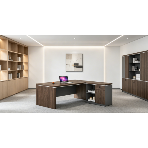 Mesa de gerente em forma de L com gabinete lateral