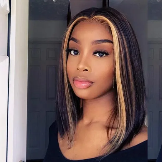 Short Bob Wig 8inch Synthetic Highlight Wig Human Hair Mix Color Piano Honey Blonde 150% Density Short Straight Bob Wigs