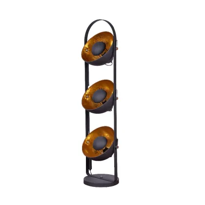 Design Stehlampe mit 3 Lampenschirmen in Schwarz und Blattgold-Optik