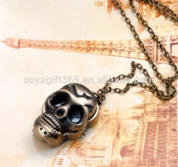 Antique Bronze Skull Heads Pocket Watch Long Chain Sweater Necklace