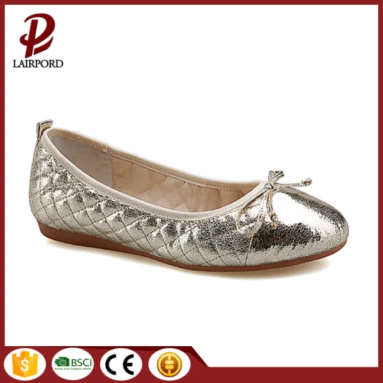 high quality soft gold flat ladies shoes